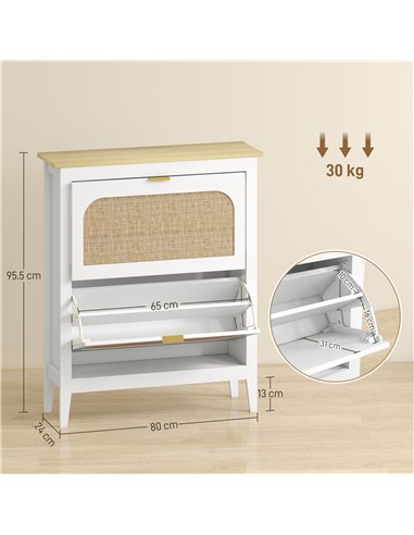 HOMCOM Narrow Shoe Cabinet, Boho Slim Shoe Storage Cabinet with 2 Flip Drawers, Holds 14 Pairs, White
