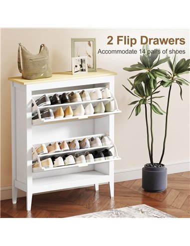 HOMCOM Narrow Shoe Cabinet, Boho Slim Shoe Storage Cabinet with 2 Flip Drawers, Holds 14 Pairs, White