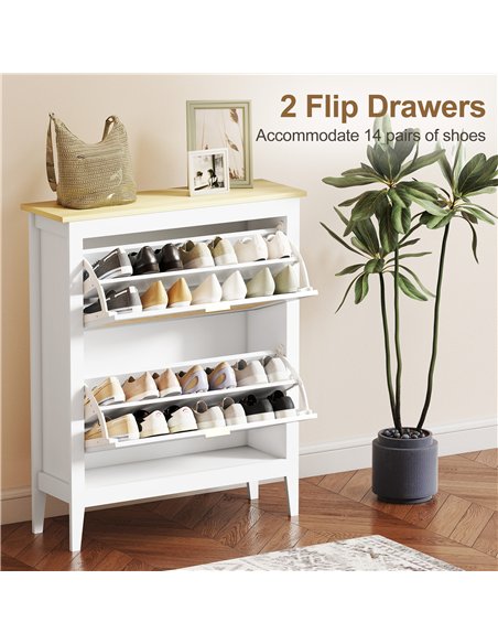 HOMCOM Narrow Shoe Cabinet, Boho Slim Shoe Storage Cabinet with 2 Flip Drawers, Holds 14 Pairs, White - pic 190709 | FastDaddyshop