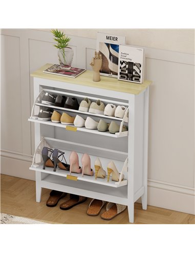 HOMCOM Narrow Shoe Cabinet, Boho Slim Shoe Storage Cabinet with 2 Flip Drawers, Holds 14 Pairs, White