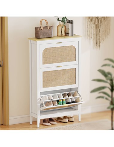 HOMCOM Narrow Shoe Cabinet, Boho Slim Shoe Storage Cabinet with 3 Flip Drawers, Holds 21 Pairs, White
