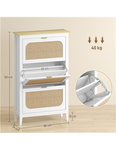 HOMCOM Narrow Shoe Cabinet, Boho Slim Shoe Storage Cabinet with 3 Flip Drawers, Holds 21 Pairs, White