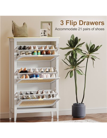 HOMCOM Narrow Shoe Cabinet, Boho Slim Shoe Storage Cabinet with 3 Flip Drawers, Holds 21 Pairs, White - pic 190718 | FastDaddyshop