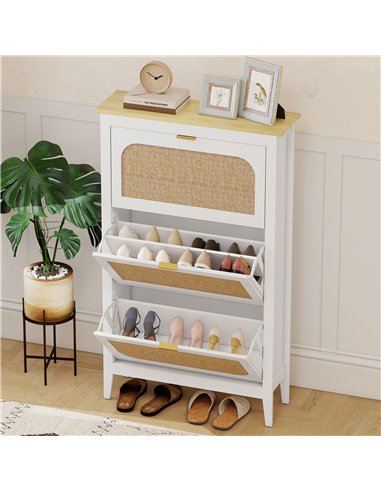 HOMCOM Narrow Shoe Cabinet, Boho Slim Shoe Storage Cabinet with 3 Flip Drawers, Holds 21 Pairs, White