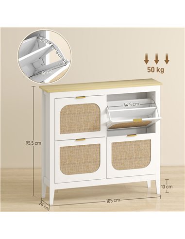 HOMCOM Narrow Shoe Cabinet, Boho Slim Shoe Storage Cabinet with 4 Flip Drawers, Holds 20 Pairs, White