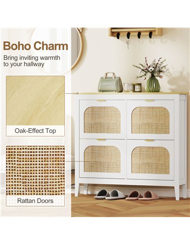 HOMCOM Narrow Shoe Cabinet, Boho Slim Shoe Storage Cabinet with 4 Flip Drawers, Holds 20 Pairs, White