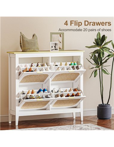 HOMCOM Narrow Shoe Cabinet, Boho Slim Shoe Storage Cabinet with 4 Flip Drawers, Holds 20 Pairs, White