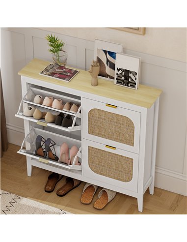 HOMCOM Narrow Shoe Cabinet, Boho Slim Shoe Storage Cabinet with 4 Flip Drawers, Holds 20 Pairs, White