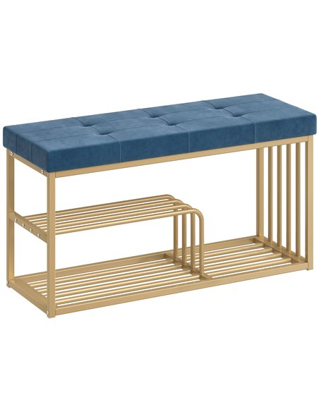 HOMCOM Bench and Shoe Storage, Tufted Shoe Storage Bench with Velvet Seat Cushion Gold Steel Frame for Entryway, Dark Blue - pic 190732 | FastDaddyshop