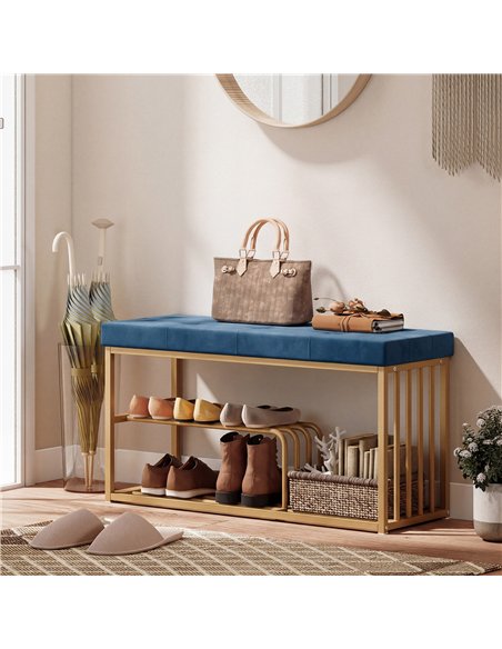 HOMCOM Bench and Shoe Storage, Tufted Shoe Storage Bench with Velvet Seat Cushion Gold Steel Frame for Entryway, Dark Blue - pic 190733 | FastDaddyshop