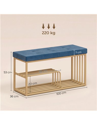 HOMCOM Bench and Shoe Storage, Tufted Shoe Storage Bench with Velvet Seat Cushion Gold Steel Frame for Entryway, Dark Blue