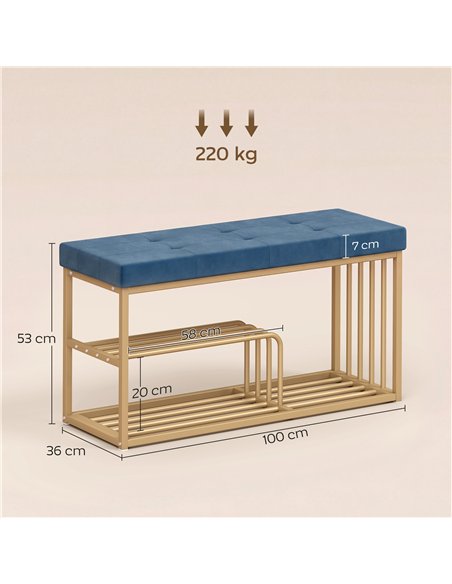 HOMCOM Bench and Shoe Storage, Tufted Shoe Storage Bench with Velvet Seat Cushion Gold Steel Frame for Entryway, Dark Blue - pic 190734 | FastDaddyshop