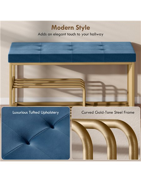 HOMCOM Bench and Shoe Storage, Tufted Shoe Storage Bench with Velvet Seat Cushion Gold Steel Frame for Entryway, Dark Blue - pic 190735 | FastDaddyshop