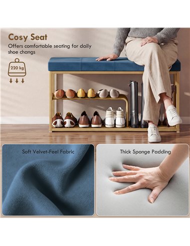 HOMCOM Bench and Shoe Storage, Tufted Shoe Storage Bench with Velvet Seat Cushion Gold Steel Frame for Entryway, Dark Blue