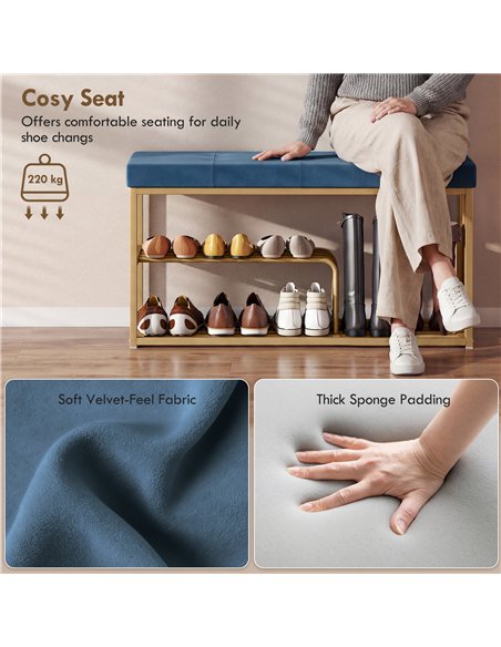 HOMCOM Bench and Shoe Storage, Tufted Shoe Storage Bench with Velvet Seat Cushion Gold Steel Frame for Entryway, Dark Blue - pic 190736 | FastDaddyshop