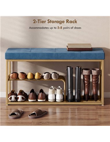 HOMCOM Bench and Shoe Storage, Tufted Shoe Storage Bench with Velvet Seat Cushion Gold Steel Frame for Entryway, Dark Blue