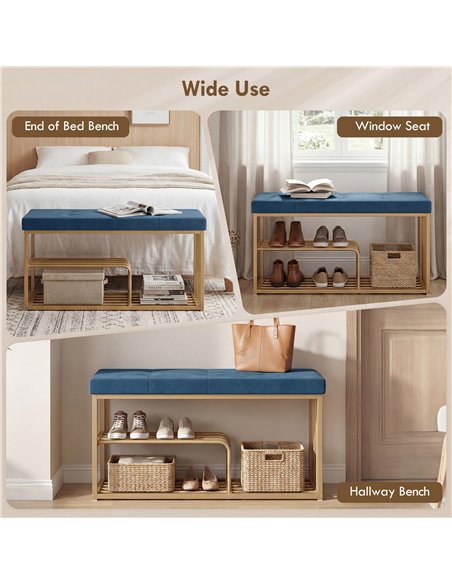 HOMCOM Bench and Shoe Storage, Tufted Shoe Storage Bench with Velvet Seat Cushion Gold Steel Frame for Entryway, Dark Blue - pic 190738 | FastDaddyshop