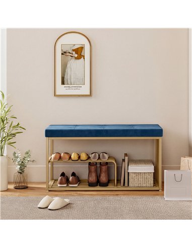 HOMCOM Bench and Shoe Storage, Tufted Shoe Storage Bench with Velvet Seat Cushion Gold Steel Frame for Entryway, Dark Blue