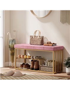 HOMCOM Bench and Shoe Storage, Tufted Shoe Storage Bench with Velvet Seat Cushion Gold Steel Frame for Entryway, Pink 2
