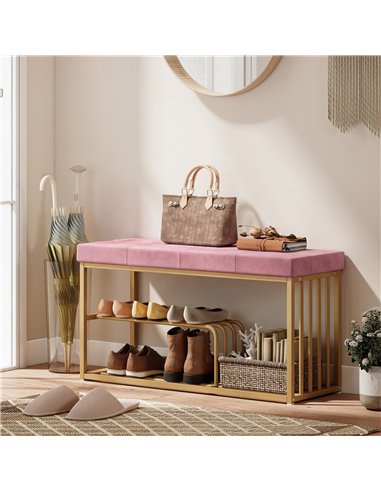 HOMCOM Bench and Shoe Storage, Tufted Shoe Storage Bench with Velvet Seat Cushion Gold Steel Frame for Entryway, Pink