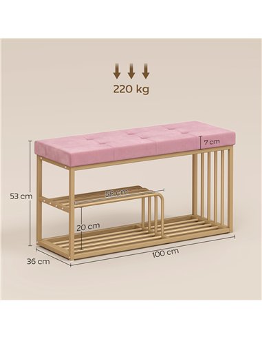HOMCOM Bench and Shoe Storage, Tufted Shoe Storage Bench with Velvet Seat Cushion Gold Steel Frame for Entryway, Pink