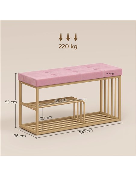 HOMCOM Bench and Shoe Storage, Tufted Shoe Storage Bench with Velvet Seat Cushion Gold Steel Frame for Entryway, Pink - pic 190743 | FastDaddyshop