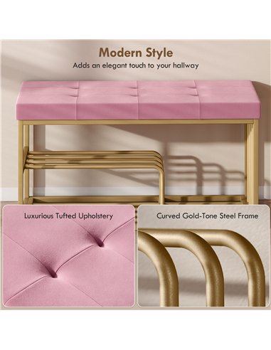 HOMCOM Bench and Shoe Storage, Tufted Shoe Storage Bench with Velvet Seat Cushion Gold Steel Frame for Entryway, Pink