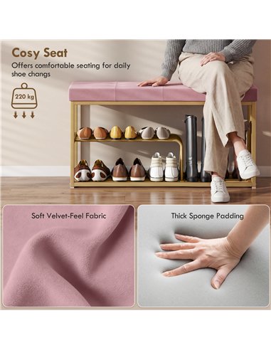 HOMCOM Bench and Shoe Storage, Tufted Shoe Storage Bench with Velvet Seat Cushion Gold Steel Frame for Entryway, Pink