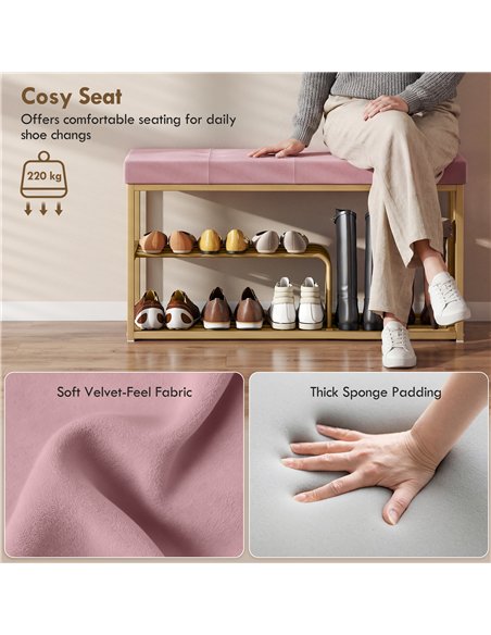 HOMCOM Bench and Shoe Storage, Tufted Shoe Storage Bench with Velvet Seat Cushion Gold Steel Frame for Entryway, Pink - pic 190745 | FastDaddyshop