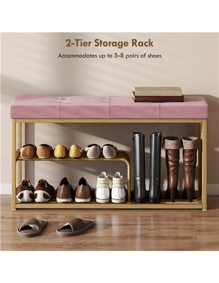 HOMCOM Bench and Shoe Storage, Tufted Shoe Storage Bench with Velvet Seat Cushion Gold Steel Frame for Entryway, Pink - pic 190746 | FastDaddyshop