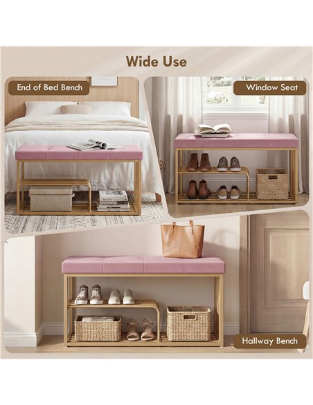 HOMCOM Bench and Shoe Storage, Tufted Shoe Storage Bench with Velvet Seat Cushion Gold Steel Frame for Entryway, Pink - pic 190747 | FastDaddyshop