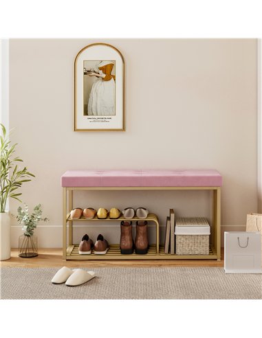 HOMCOM Bench and Shoe Storage, Tufted Shoe Storage Bench with Velvet Seat Cushion Gold Steel Frame for Entryway, Pink