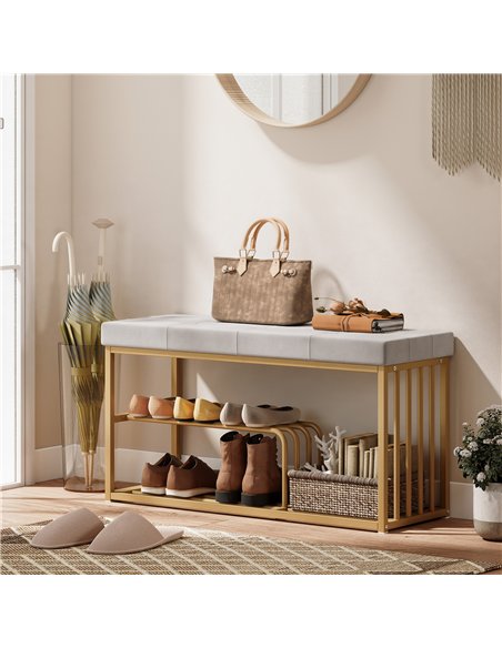 HOMCOM Bench and Shoe Storage, Tufted Shoe Storage Bench with Velvet Seat Cushion Gold Steel Frame for Entryway, Grey - pic 190751 | FastDaddyshop