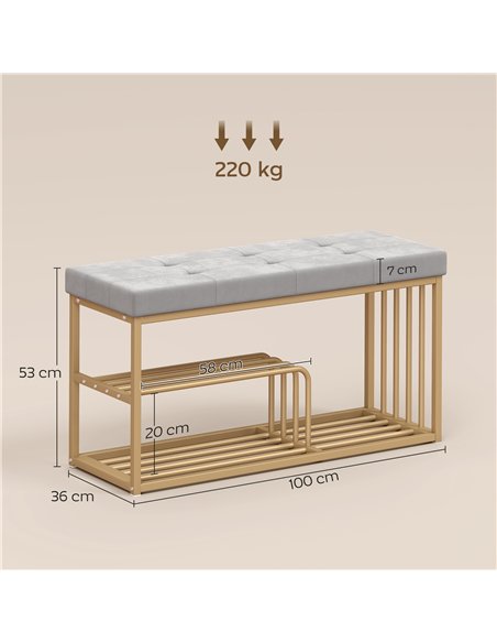 HOMCOM Bench and Shoe Storage, Tufted Shoe Storage Bench with Velvet Seat Cushion Gold Steel Frame for Entryway, Grey - pic 190752 | FastDaddyshop