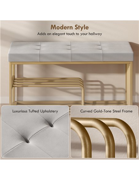HOMCOM Bench and Shoe Storage, Tufted Shoe Storage Bench with Velvet Seat Cushion Gold Steel Frame for Entryway, Grey - pic 190753 | FastDaddyshop
