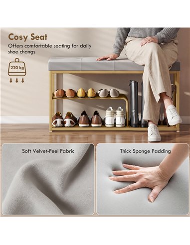 HOMCOM Bench and Shoe Storage, Tufted Shoe Storage Bench with Velvet Seat Cushion Gold Steel Frame for Entryway, Grey