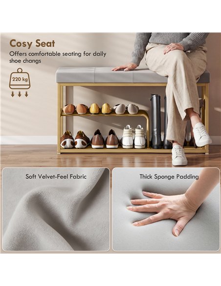 HOMCOM Bench and Shoe Storage, Tufted Shoe Storage Bench with Velvet Seat Cushion Gold Steel Frame for Entryway, Grey - pic 190754 | FastDaddyshop
