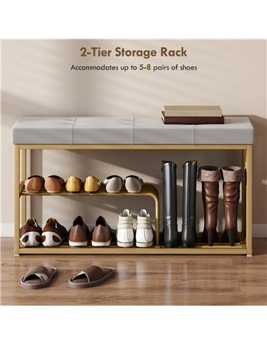 HOMCOM Bench and Shoe Storage, Tufted Shoe Storage Bench with Velvet Seat Cushion Gold Steel Frame for Entryway, Grey