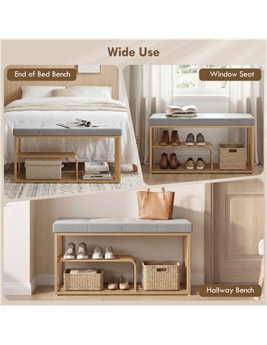 HOMCOM Bench and Shoe Storage, Tufted Shoe Storage Bench with Velvet Seat Cushion Gold Steel Frame for Entryway, Grey