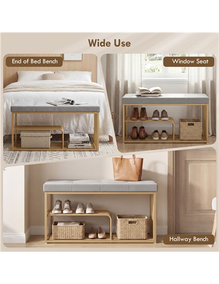 HOMCOM Bench and Shoe Storage, Tufted Shoe Storage Bench with Velvet Seat Cushion Gold Steel Frame for Entryway, Grey - pic 190756 | FastDaddyshop