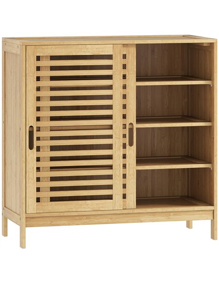 HOMCOM Bamboo Shoe Cabinet with 2 Sliding Slat Doors, 16Pairs, Adjustable Shelves, Natural - pic 190759 | FastDaddyshop