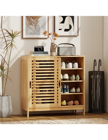 HOMCOM Bamboo Shoe Cabinet with 2 Sliding Slat Doors, 16Pairs, Adjustable Shelves, Natural - pic 190760 | FastDaddyshop