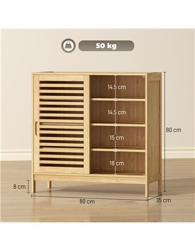 HOMCOM Bamboo Shoe Cabinet with 2 Sliding Slat Doors, 16Pairs, Adjustable Shelves, Natural