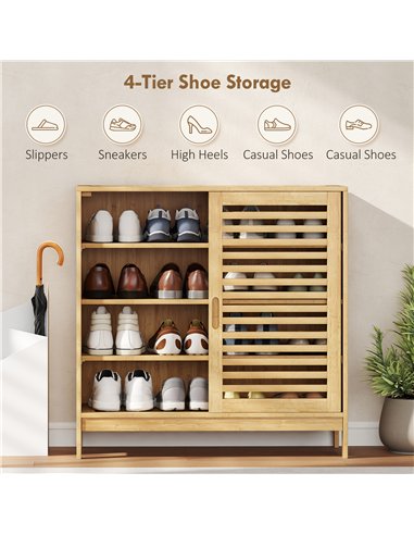 HOMCOM Bamboo Shoe Cabinet with 2 Sliding Slat Doors, 16Pairs, Adjustable Shelves, Natural