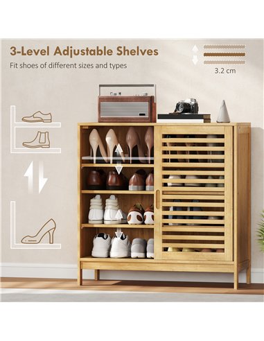 HOMCOM Bamboo Shoe Cabinet with 2 Sliding Slat Doors, 16Pairs, Adjustable Shelves, Natural