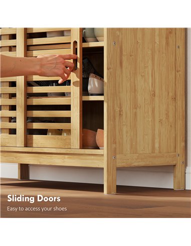 HOMCOM Bamboo Shoe Cabinet with 2 Sliding Slat Doors, 16Pairs, Adjustable Shelves, Natural