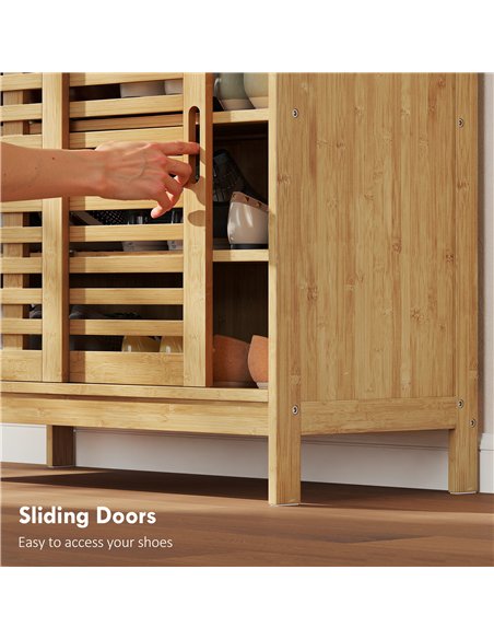 HOMCOM Bamboo Shoe Cabinet with 2 Sliding Slat Doors, 16Pairs, Adjustable Shelves, Natural - pic 190764 | FastDaddyshop