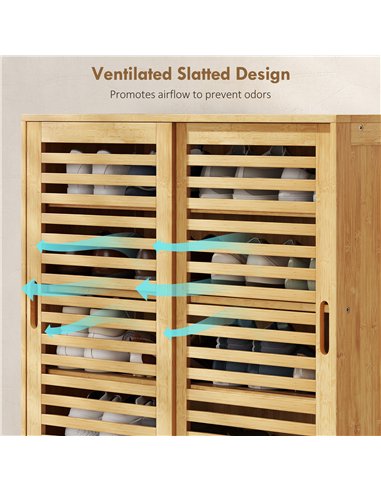 HOMCOM Bamboo Shoe Cabinet with 2 Sliding Slat Doors, 16Pairs, Adjustable Shelves, Natural