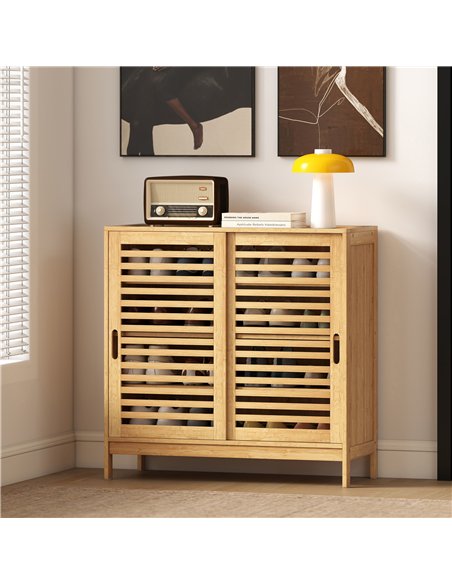 HOMCOM Bamboo Shoe Cabinet with 2 Sliding Slat Doors, 16Pairs, Adjustable Shelves, Natural - pic 190767 | FastDaddyshop