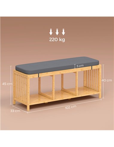 HOMCOM Bamboo Shoe Bench, Entryway Storage Bench with Padded Cushion and Open Shelf, Natural Wood Finish